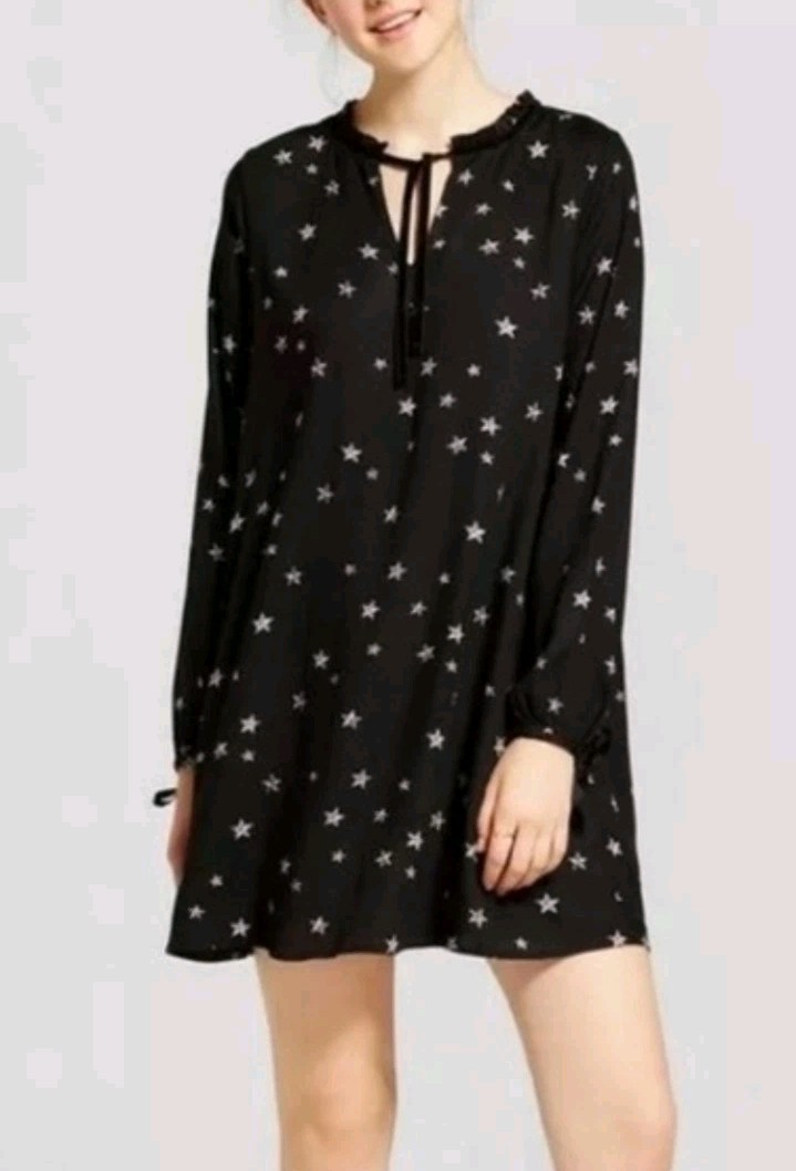 Mossimo Mini Shift Dress M Black Celestial Stars Ruffle Velvet Trim Witchy Goth