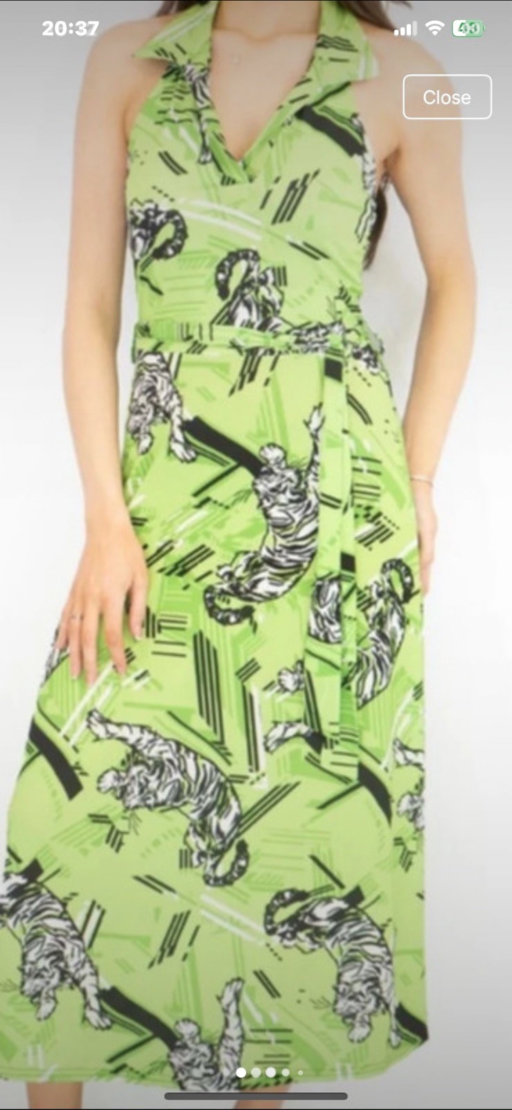 Karen Millen Womens Dress Green Tiger Midi Collared Stretch Summer Belted