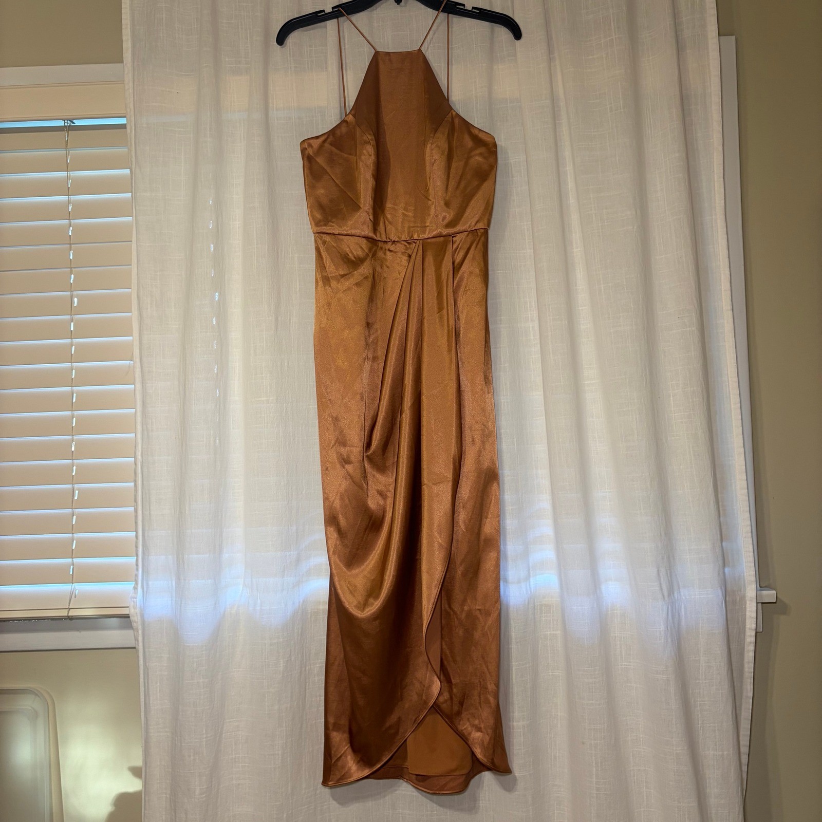 After Six Dress Womens Bronze Satin Halter Neck Pleated Midi Draped Formal Dress