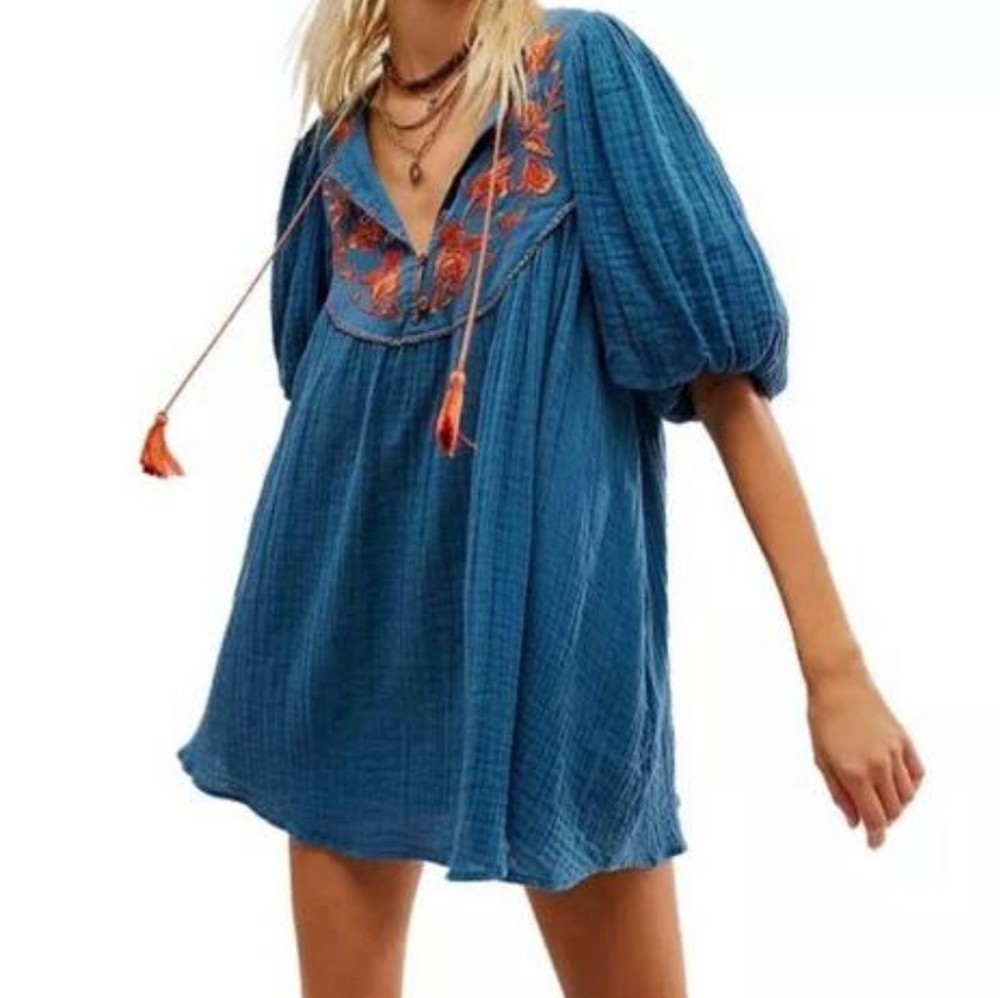 Free People NWT Rosa Linda Embroidered Mini Dress Coastal Combo XL Blue & Rust