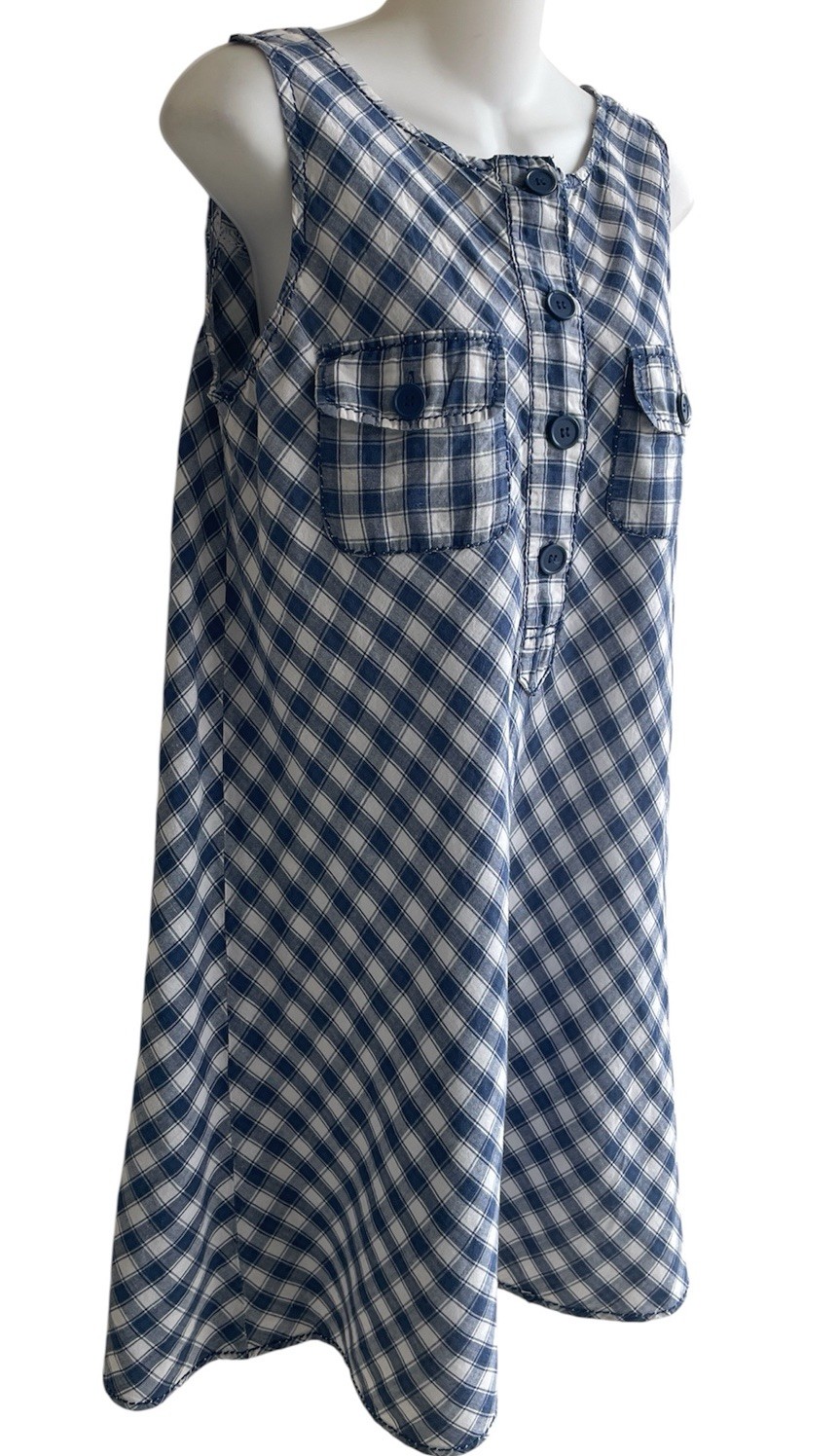 Max Edition Navy White Plaid Shift Dress Chest Pockets Coastal Woman’s Medium