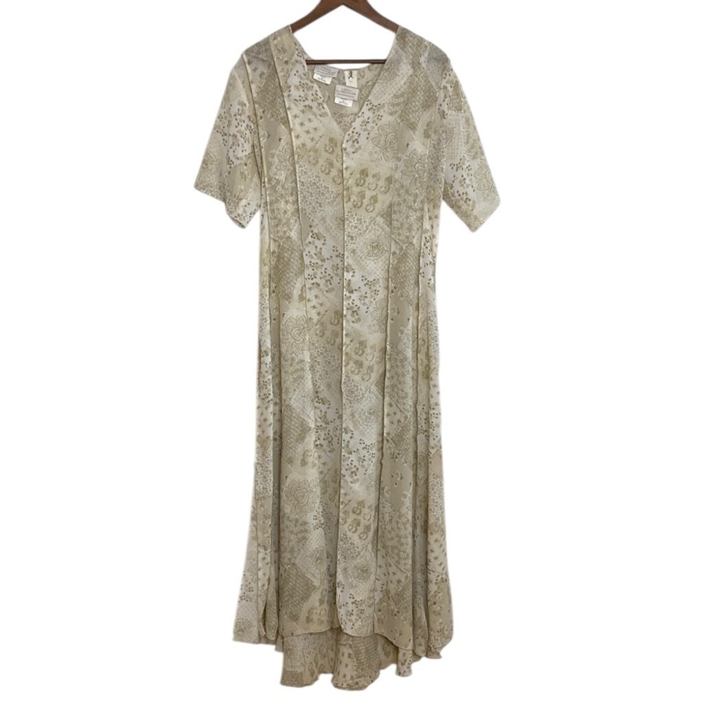 Vintage Linda Lundstrom Dress Womens Medium Large Beige Floral Chiffon Maxi Slip