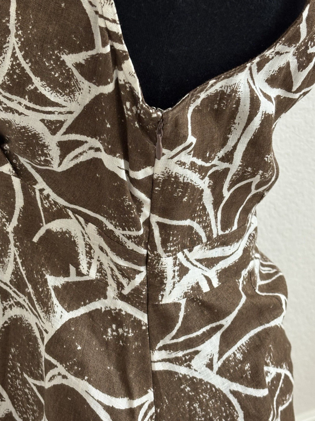 Rafaela 100% Linen Crossover V-neck Sleeveless Midi Brown Leaf Print Boho Chic