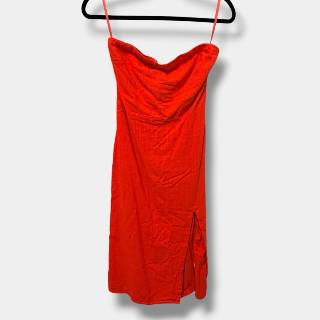 SNDYS Everyday Strapless Linen Blend Midi Dress Orange/Red Side Slit Size M