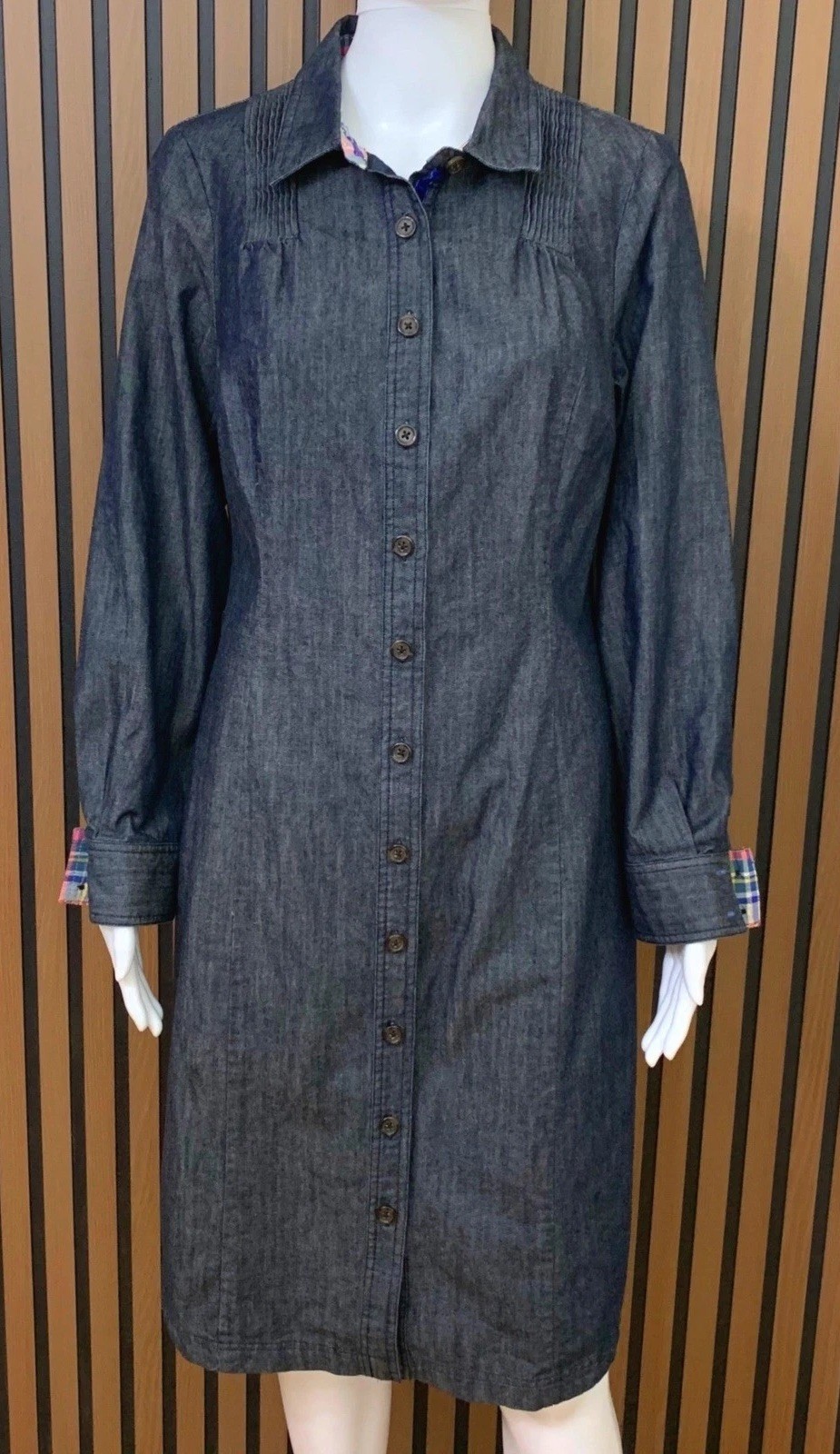 Boden Denim Shirt Dress Dark Wash Button Front Plaid Trim WH894 US 10L UK 14L