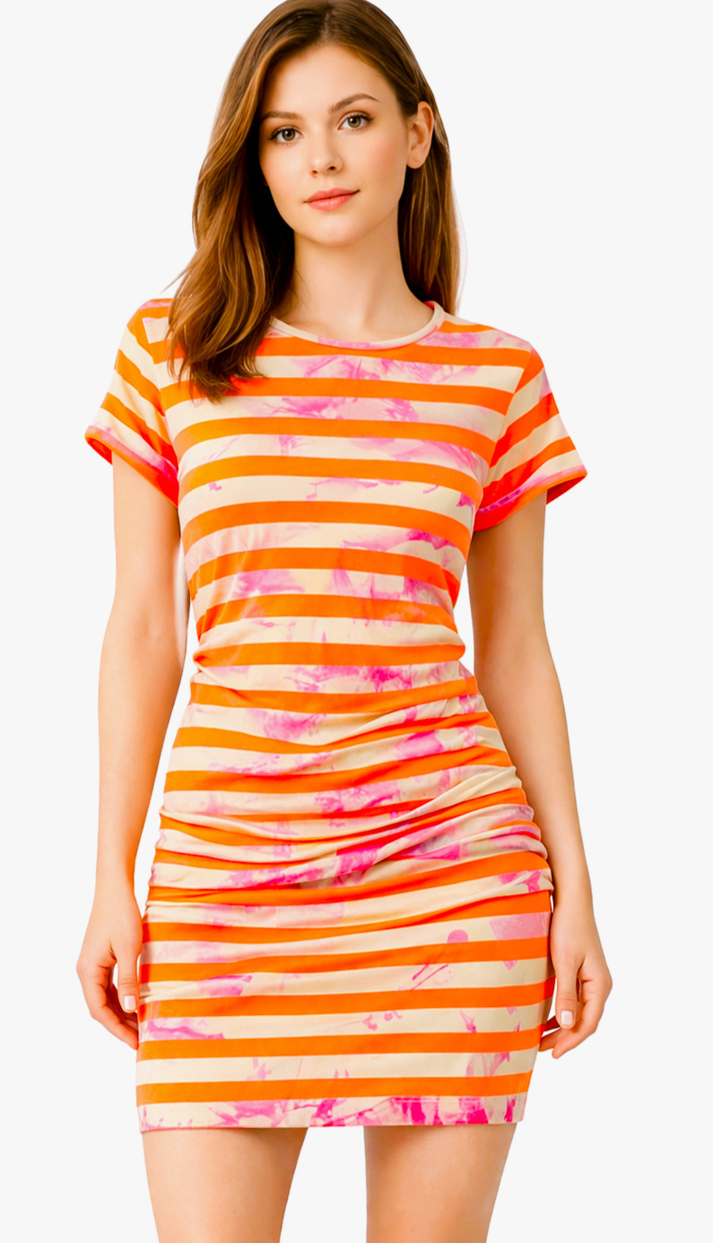 Nicole Miller Y2K Mod Striped Ruched Mini Dress Orange Pink Bodycon P NWT $275