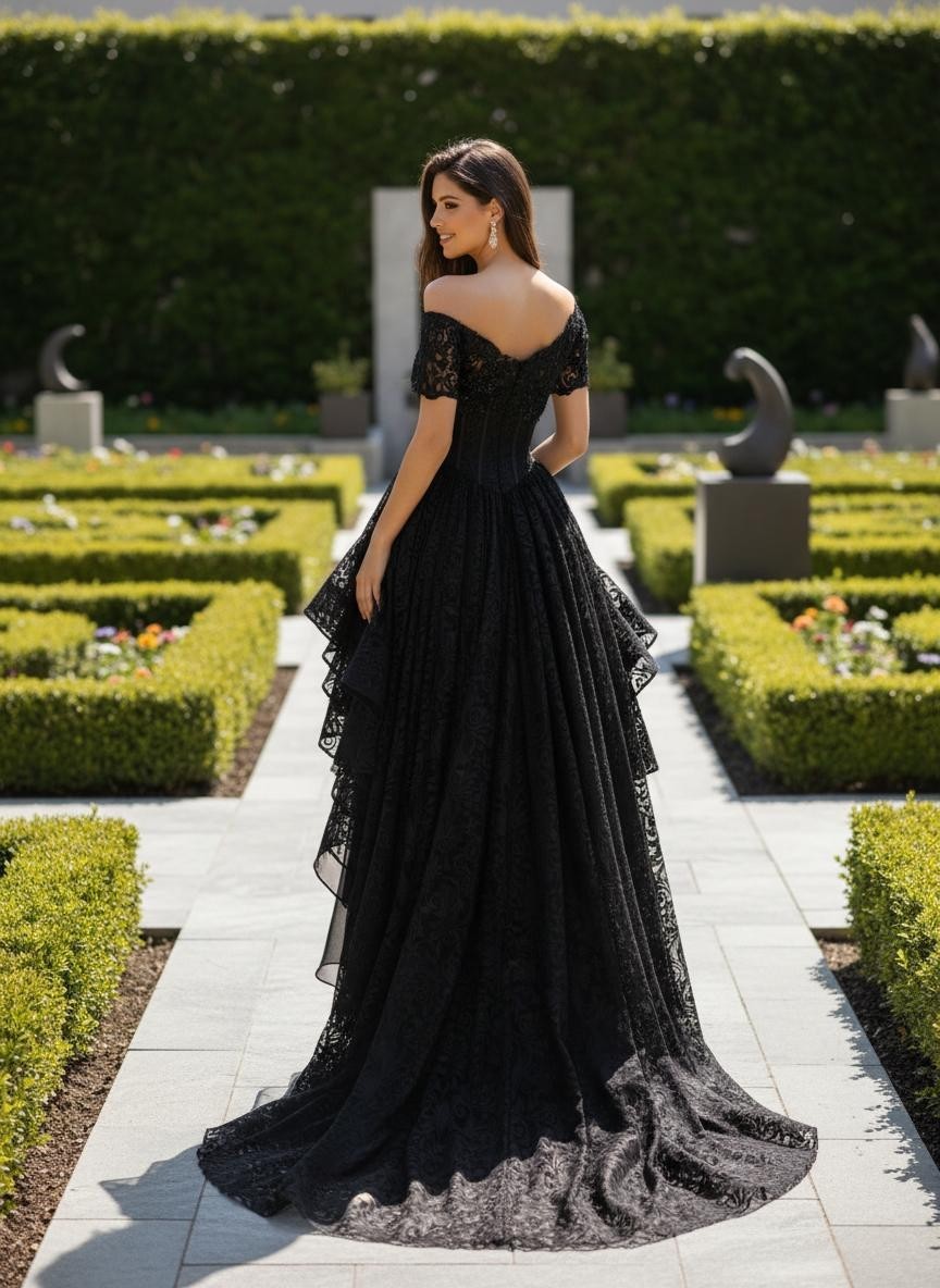 Long Black high Low Embroidered Beaded Lace Dress Size 4 Off Shoulder Formal