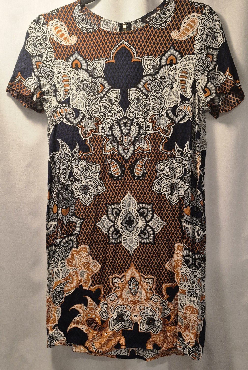 Express Womens XS Shift Dress Paisley Medallion Print Short Sleeve Navy Boho