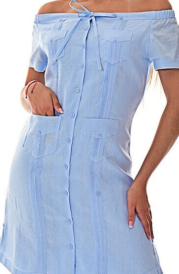 Ladies Lt. Blue 100% Soft Linen Traditional (4) Pocket Guayabera Dress -LLGD3011