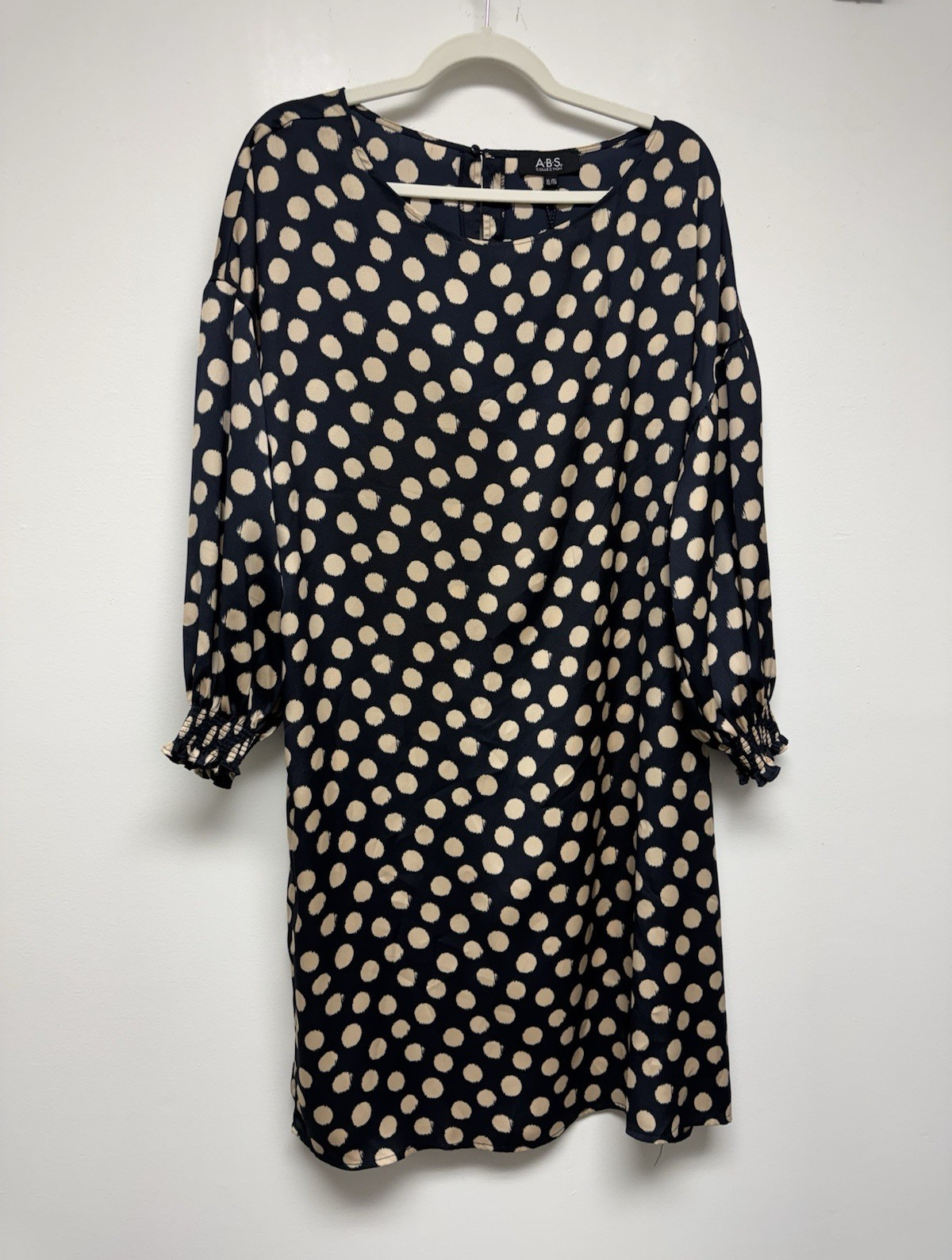 A.B.S. Collection black silky Ivory Polka Dot Shift Scoop Neck 3/4 Sleeve Xl NWT