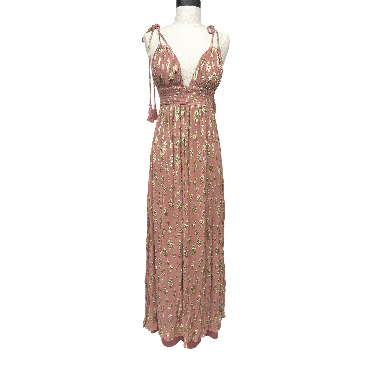 Altar’d State Pink Gold Metallic Maxi Dress Smocked Waist Tassel Straps Small