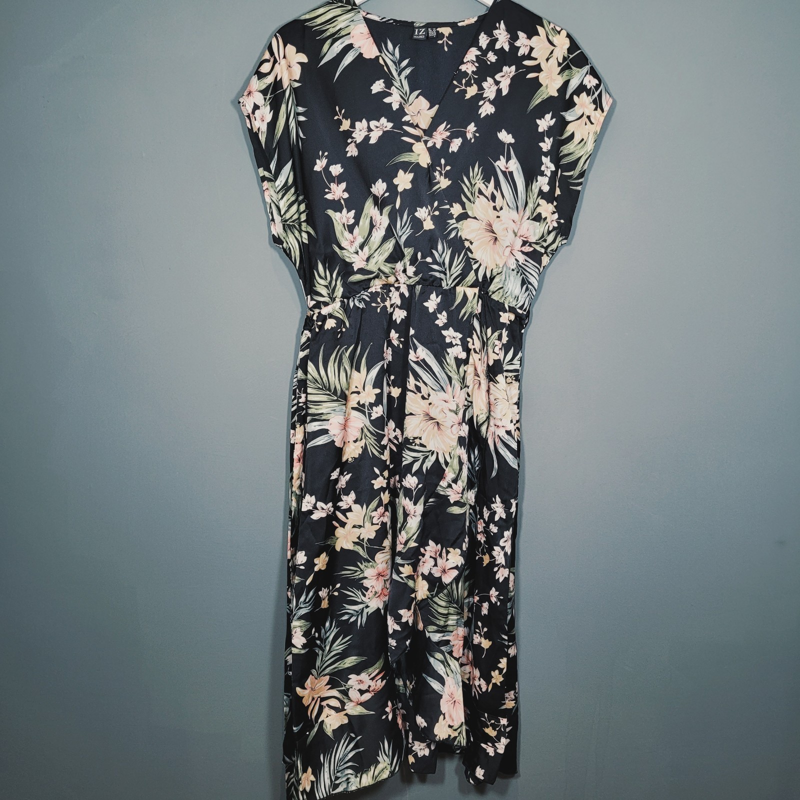 IZABEL LONDON DRESS 12 BLACK FLORAL FAUX WRAP BELTED SHIFT RT46