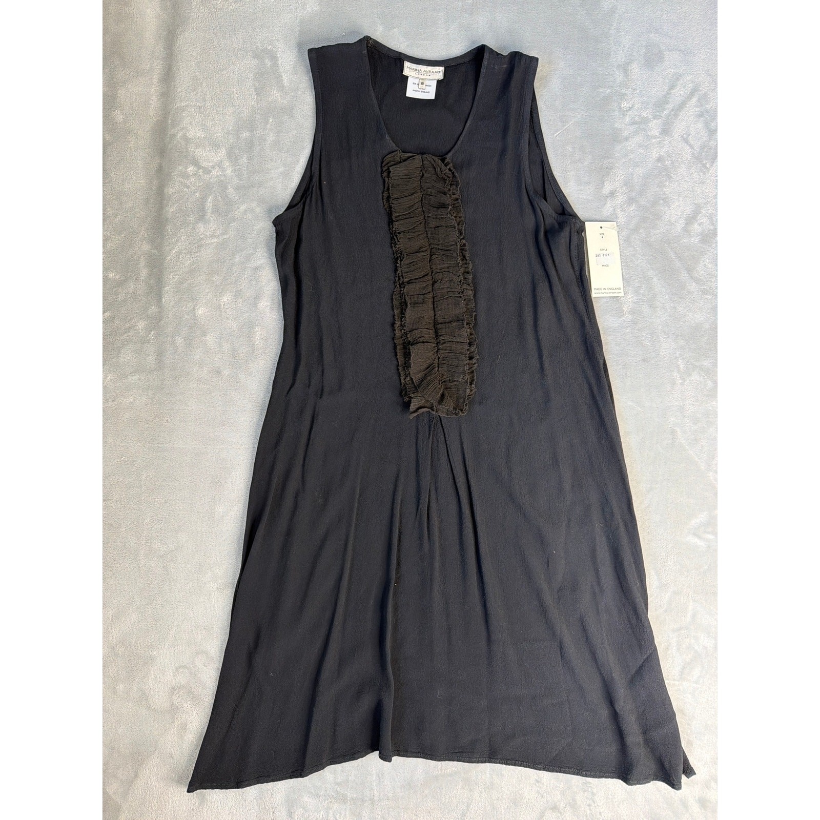 Marina Avraam Black Ruched Silk Trim Tank Dress Size 12 Made In England LBD