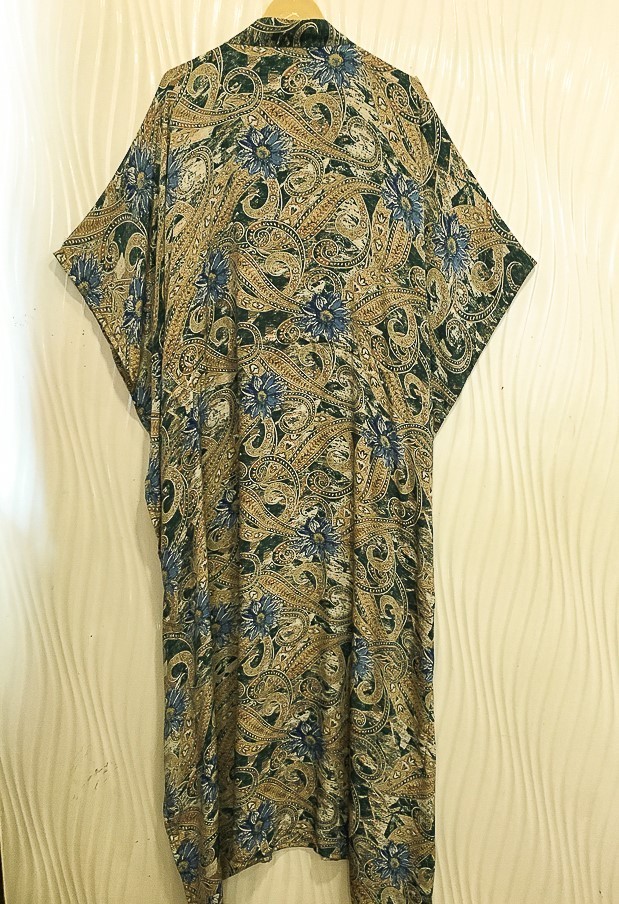 Silk Green Kaftan / Handmade Flowy Maxi Dress / Resort Wear Outfit MFN1077