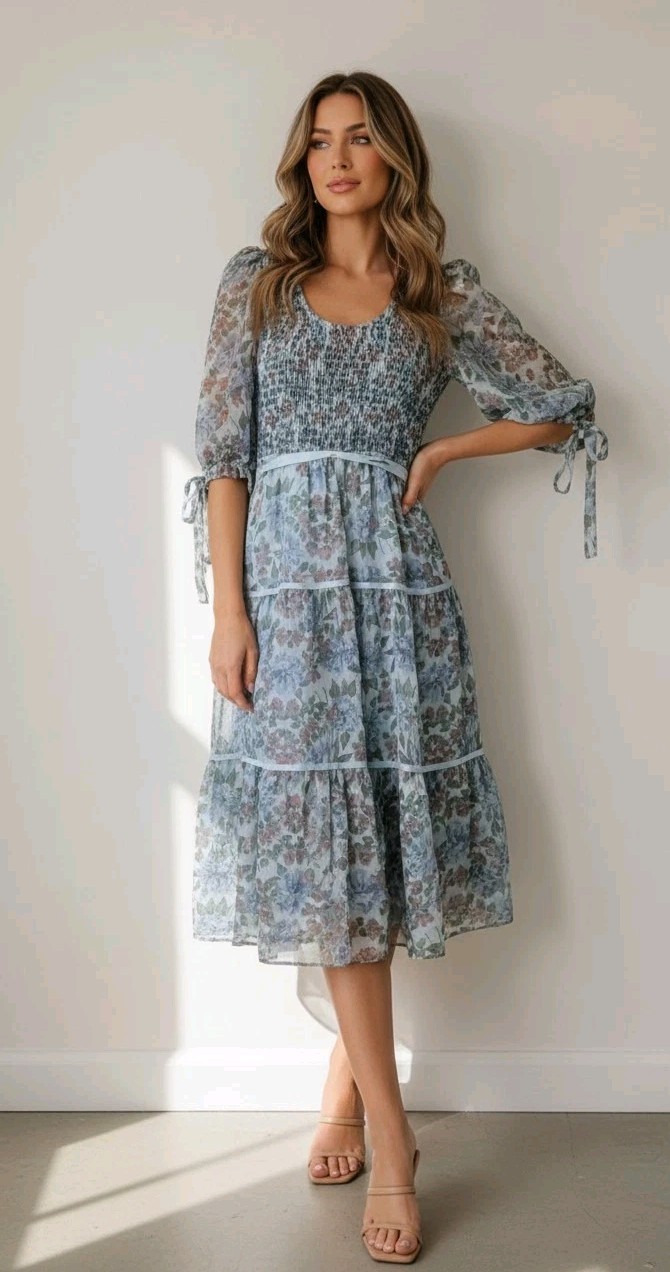 Candi Jones California Smocked Floral Dress Blue Tiered Ribbon Fairy Hippie 5/6