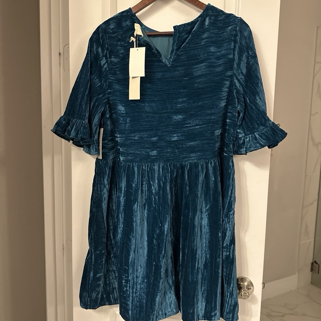 MELLODAY Teal Velvet V-Neck Ruffle Bell Sleeve Mini Dress Pockets L
