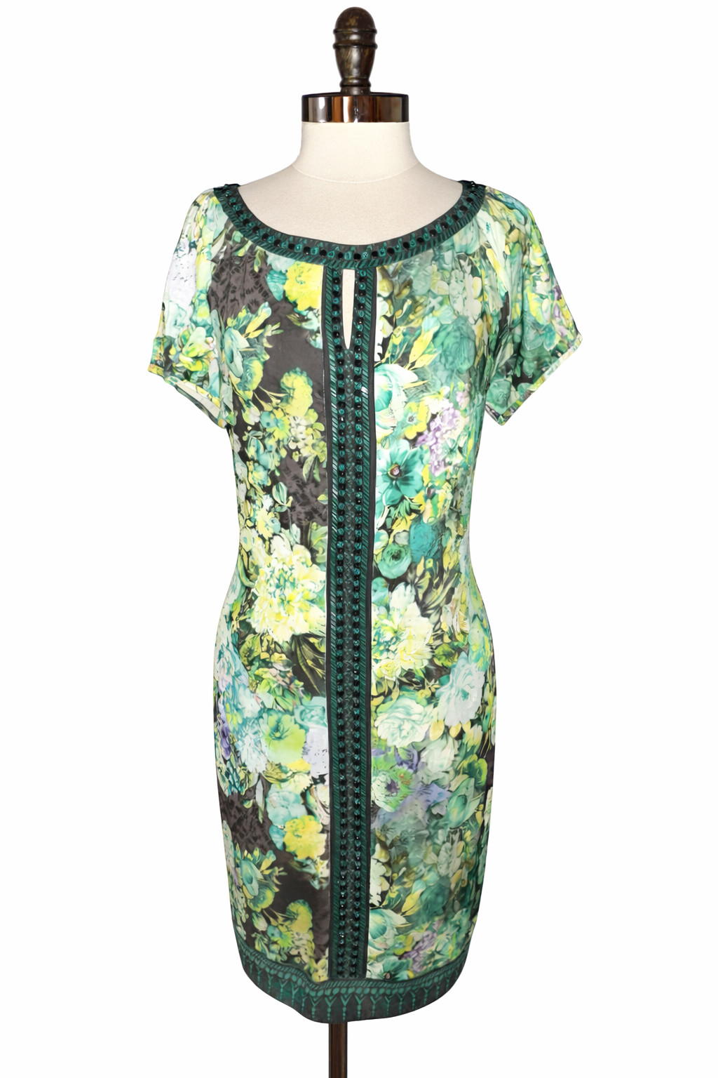 BEIGE BY ECI Size 18 Sheath Dress Black Green Purple Floral Short Sleeve Beads