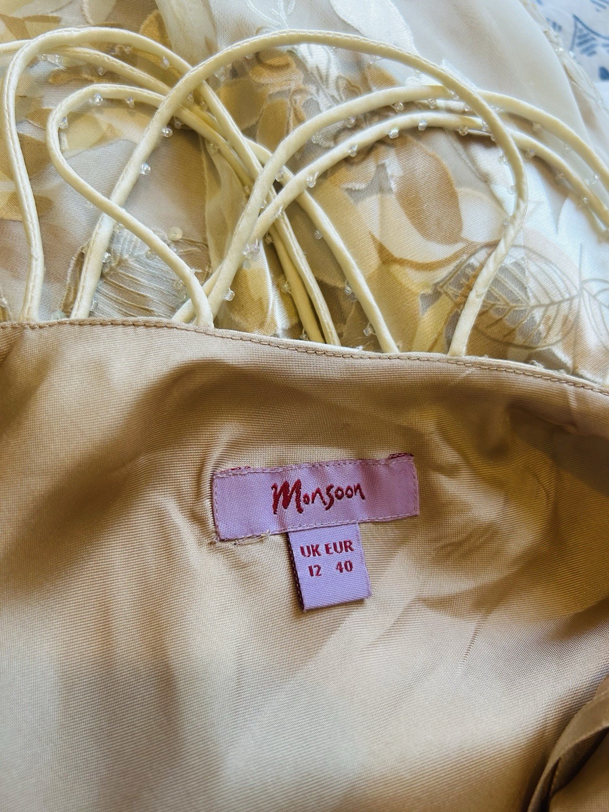Monsoon Vintage Silk Cream Gold Devore 20s Deco Y2K Bride Long Dress 12