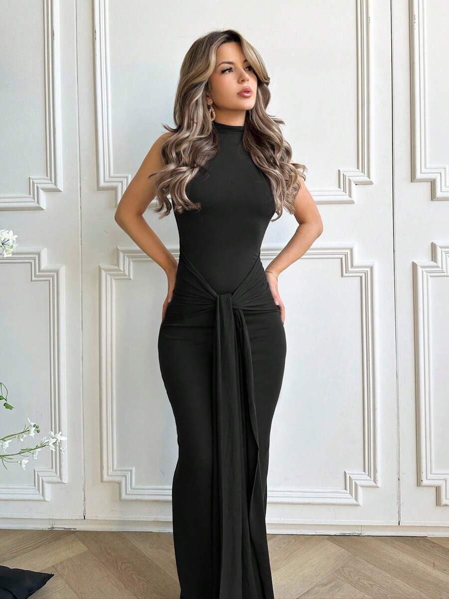 Elegant Stand Collar Twist Knot Maxi Dress Bodycon Mermaid Wedding Party