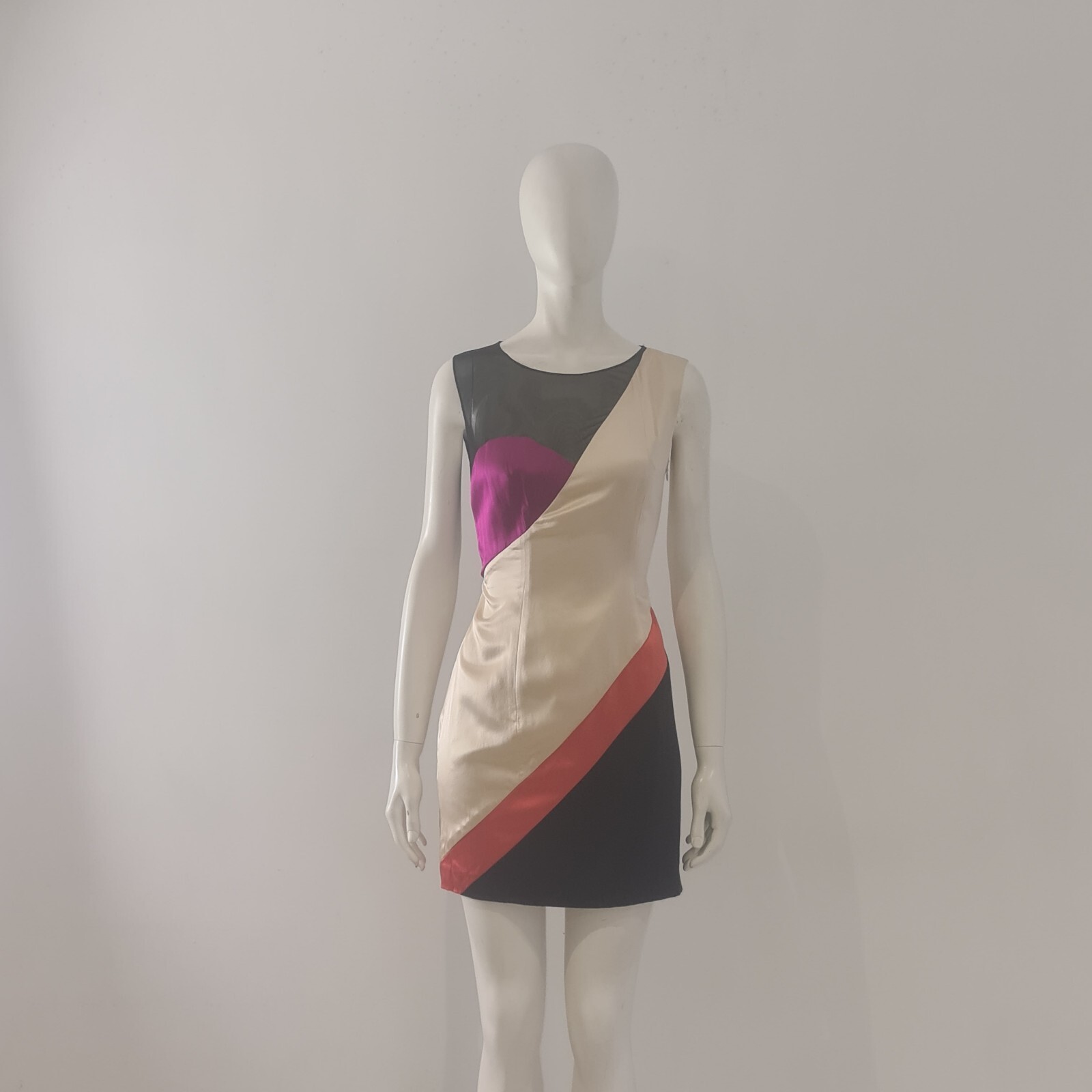 BNWT Olivia Rubin Silk Dress UK 10 EU 38 Colour-Block Pink Orange Mesh Black