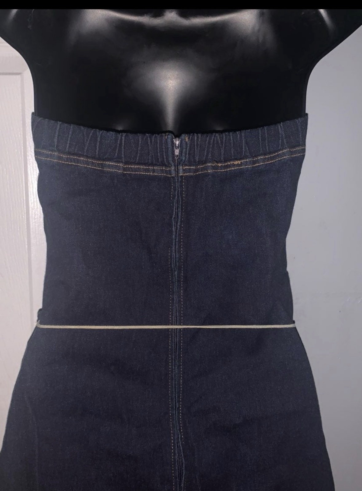 Vintage 90s Denim Western Strapless Fringe Hi Low Jean Dress Size S