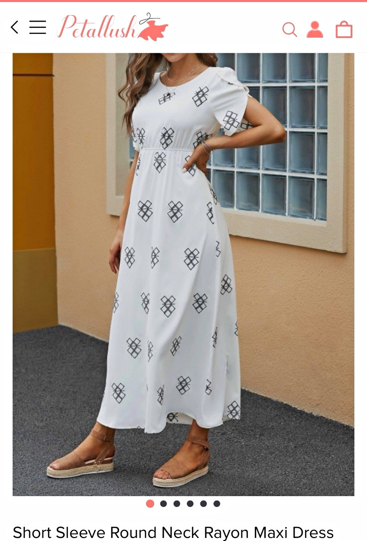 Petallush White Black Geometric Maxi Dress Round Neck Puff Short Sleeve M