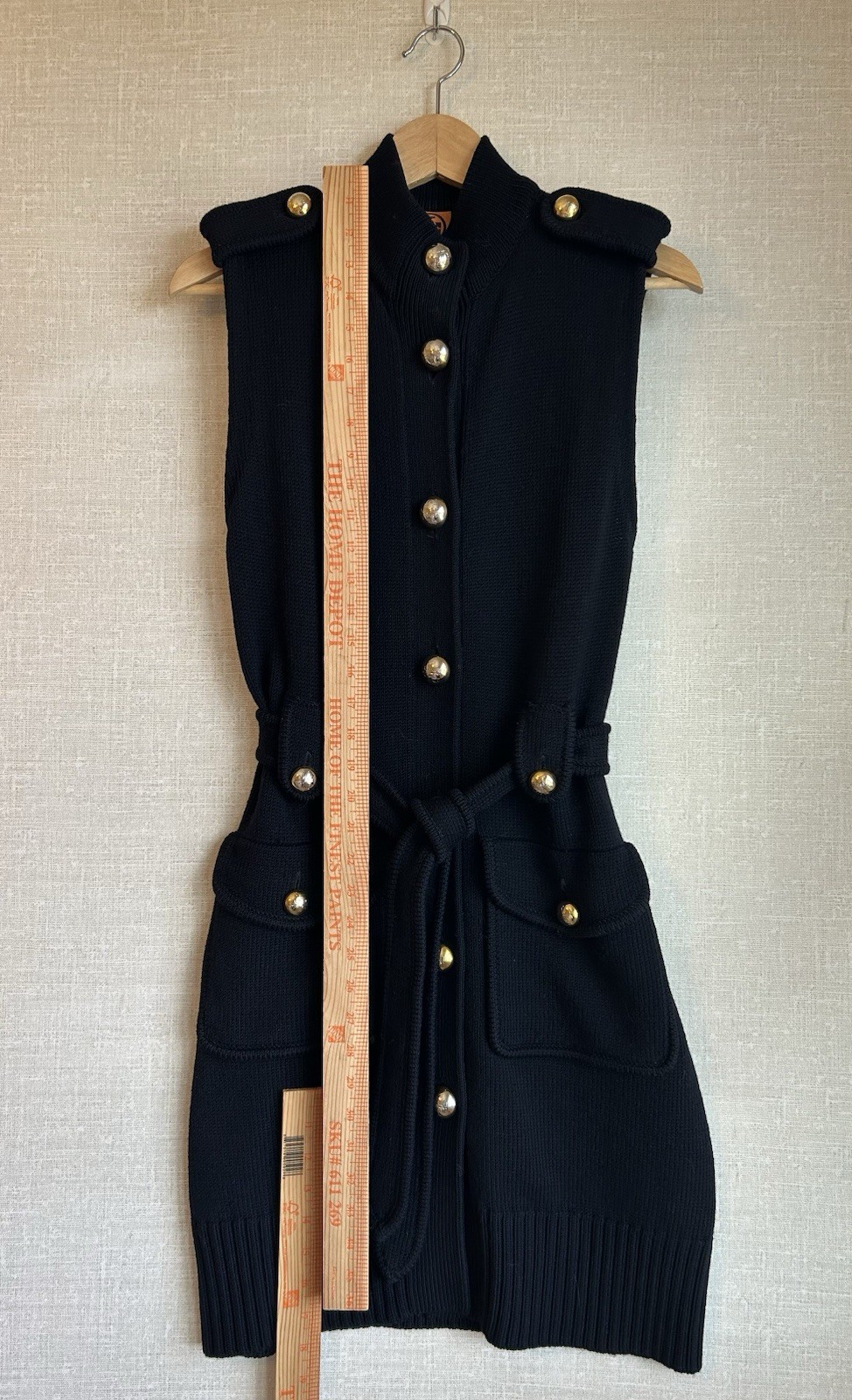 TORY BURCH Navy Sweater Dress Sleeveless 100% Merino Wool Gold Button Belt Small