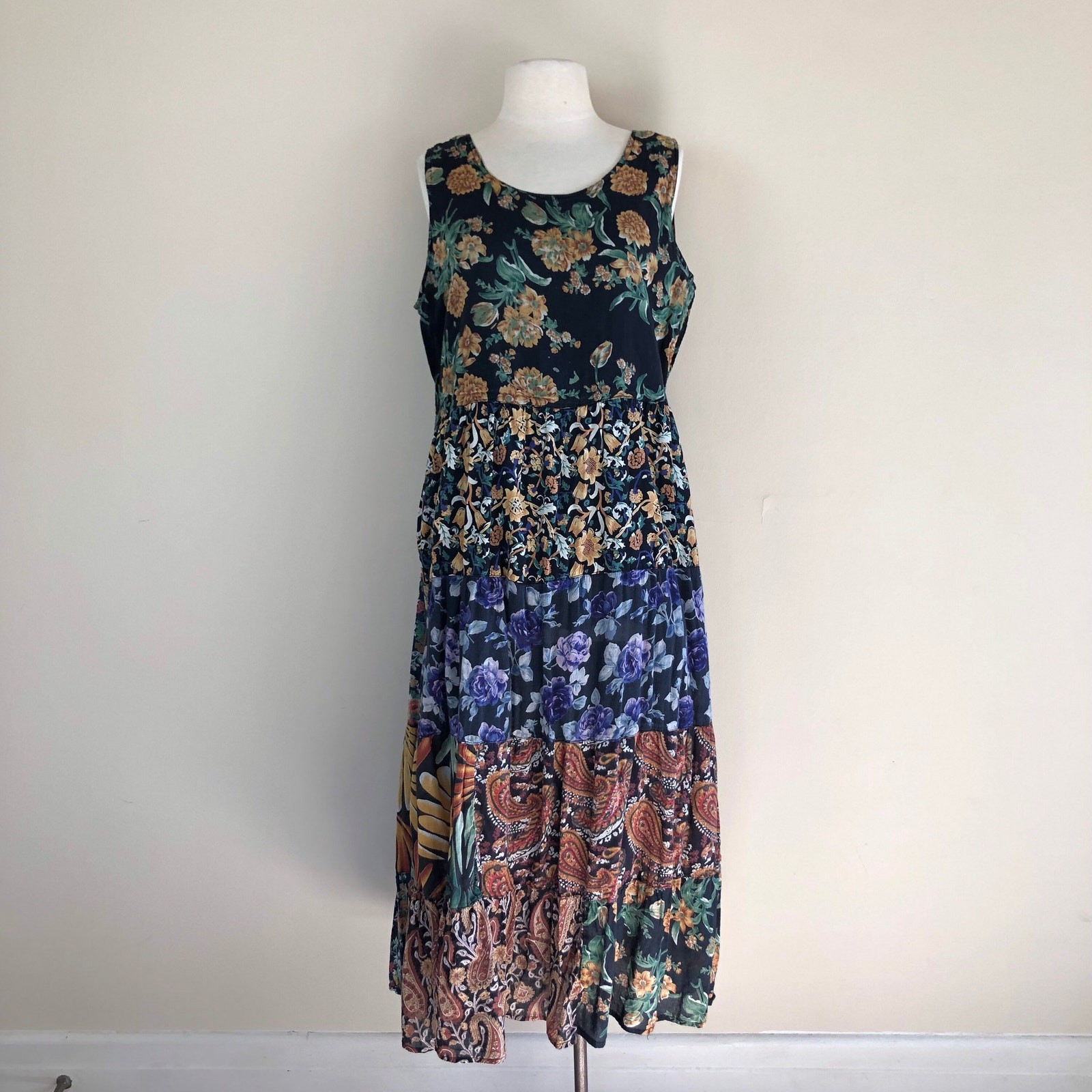 vintage india cotton gauze patchwork black floral dress 90s sheer cottagecore