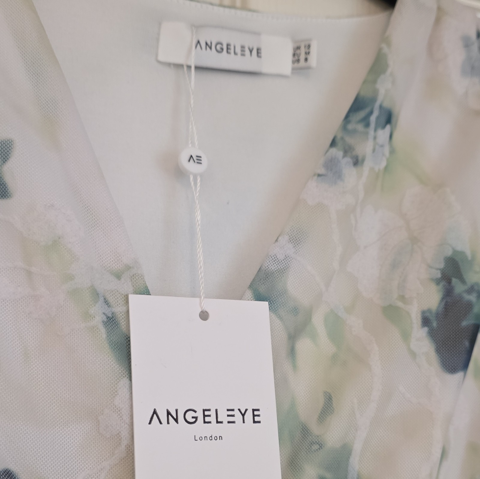 Angeleye White Blue Green Floral V-Neck Ruched Lined Mesh Midi Dress 12