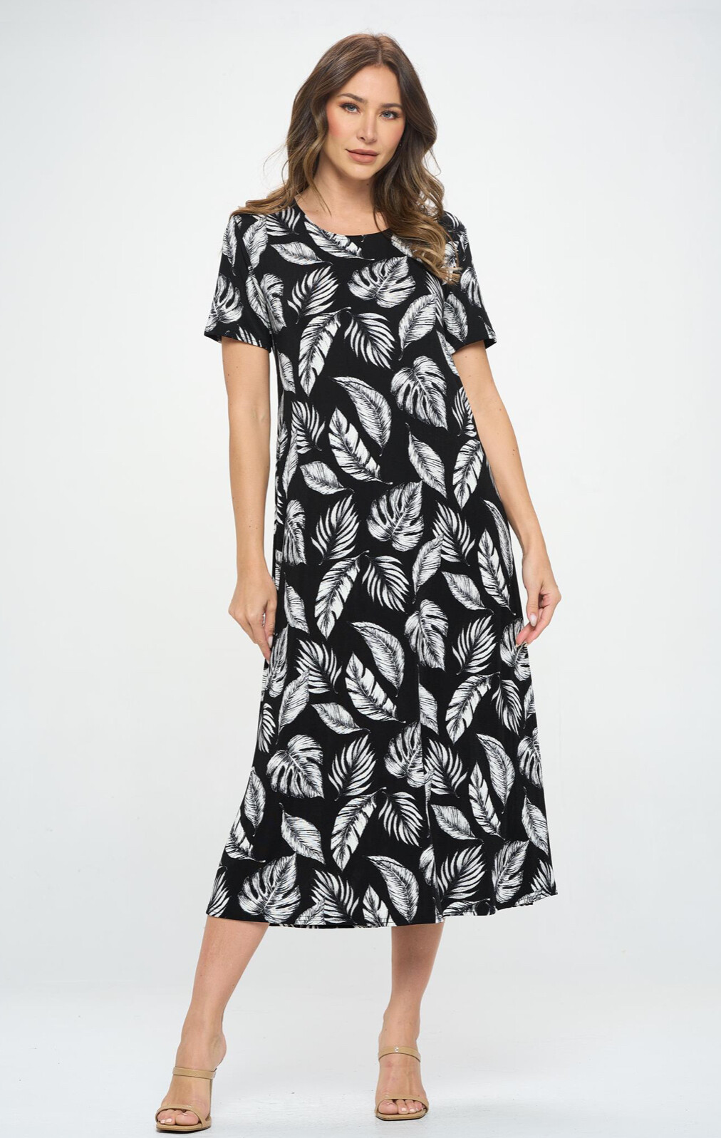 JOSTAR Slinky LONG DRESS Poly Spandex Knit Black Ivory Leaf S M L XL 2X 3X
