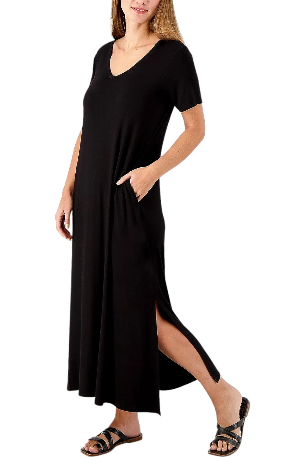 Belle by Kim Gravel Print V-Neck Maxi Dress Black Size S Petite