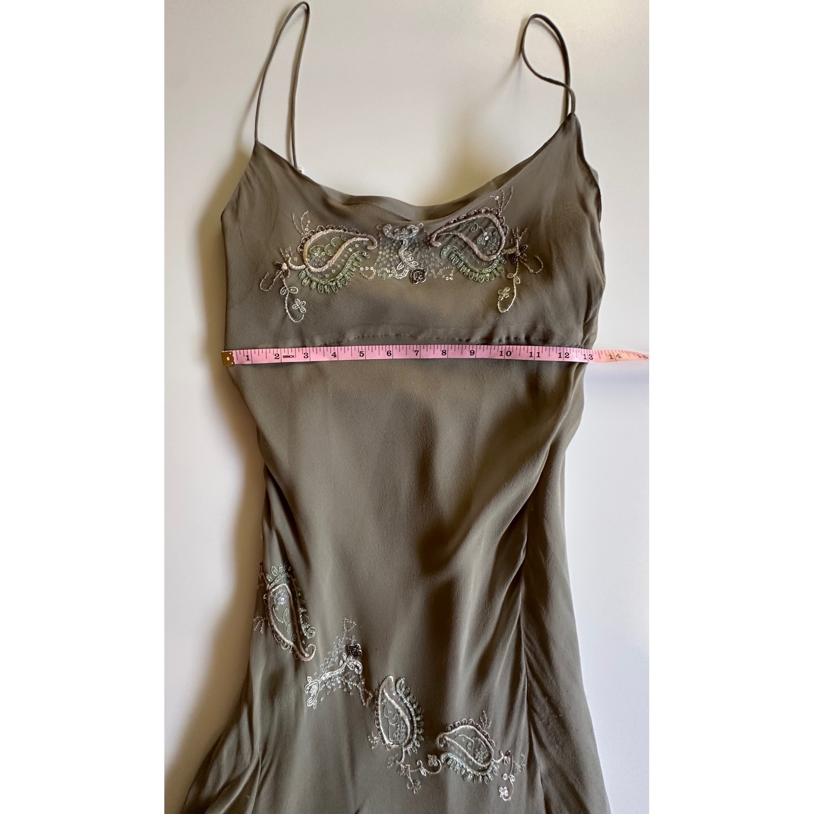 Y2K An’ge Intuition Silk Beaded Paisley Embroidery Slip Dress Sage Green Size XS