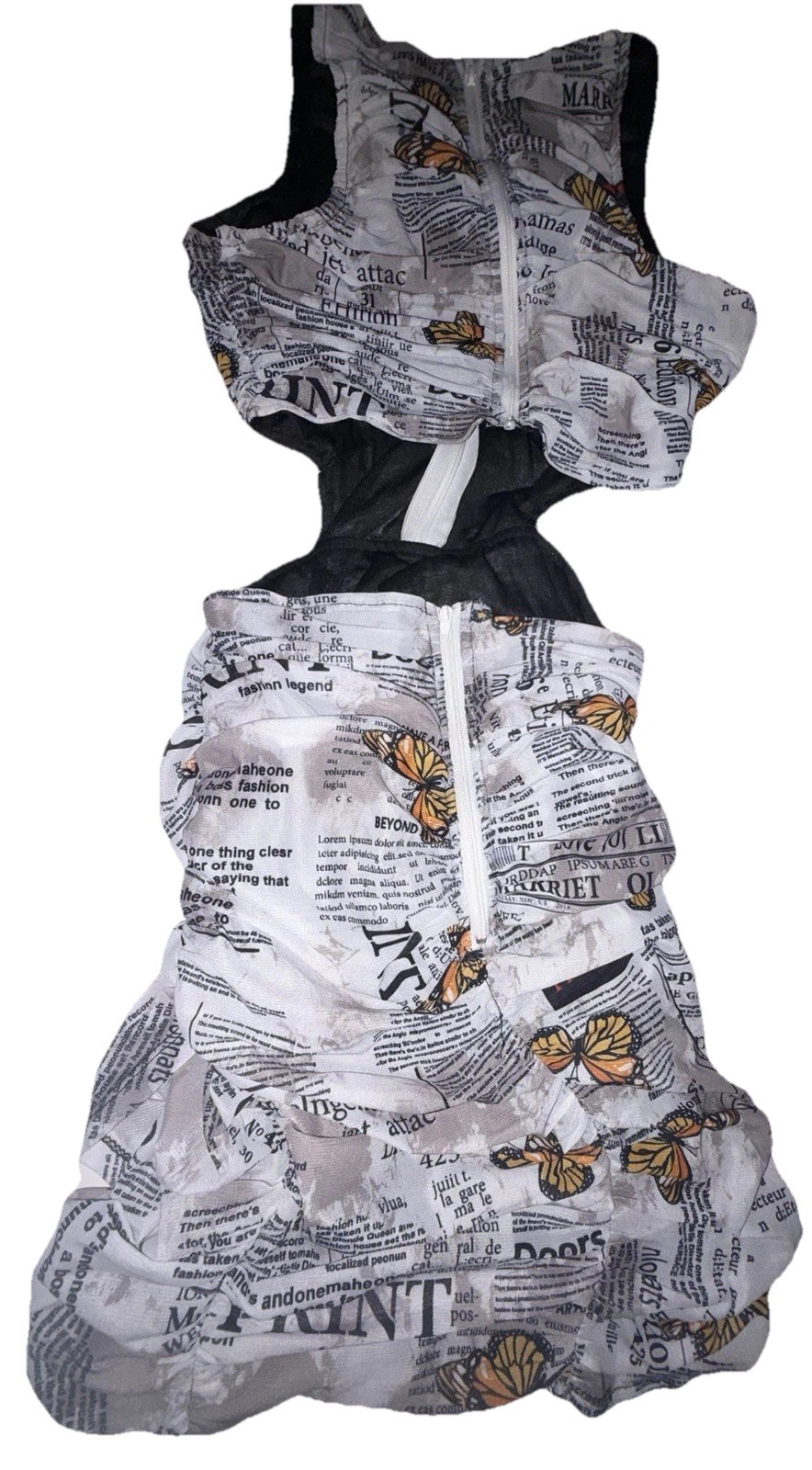 Capsulle Newsprint Butterfly Bodycon Dress Small 3-Zip Y2K Cut Out Mini Lined