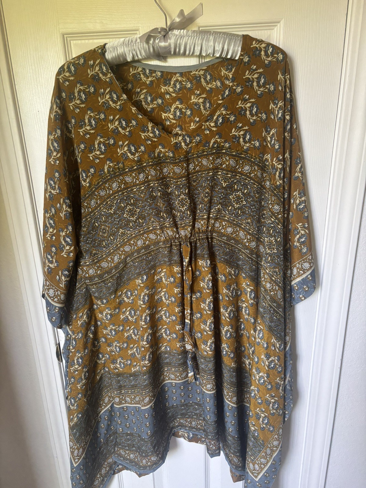 Kaftan Dress Tunic Top Coverup Boho Silky V Neck Floral Brown Gray Size M/L