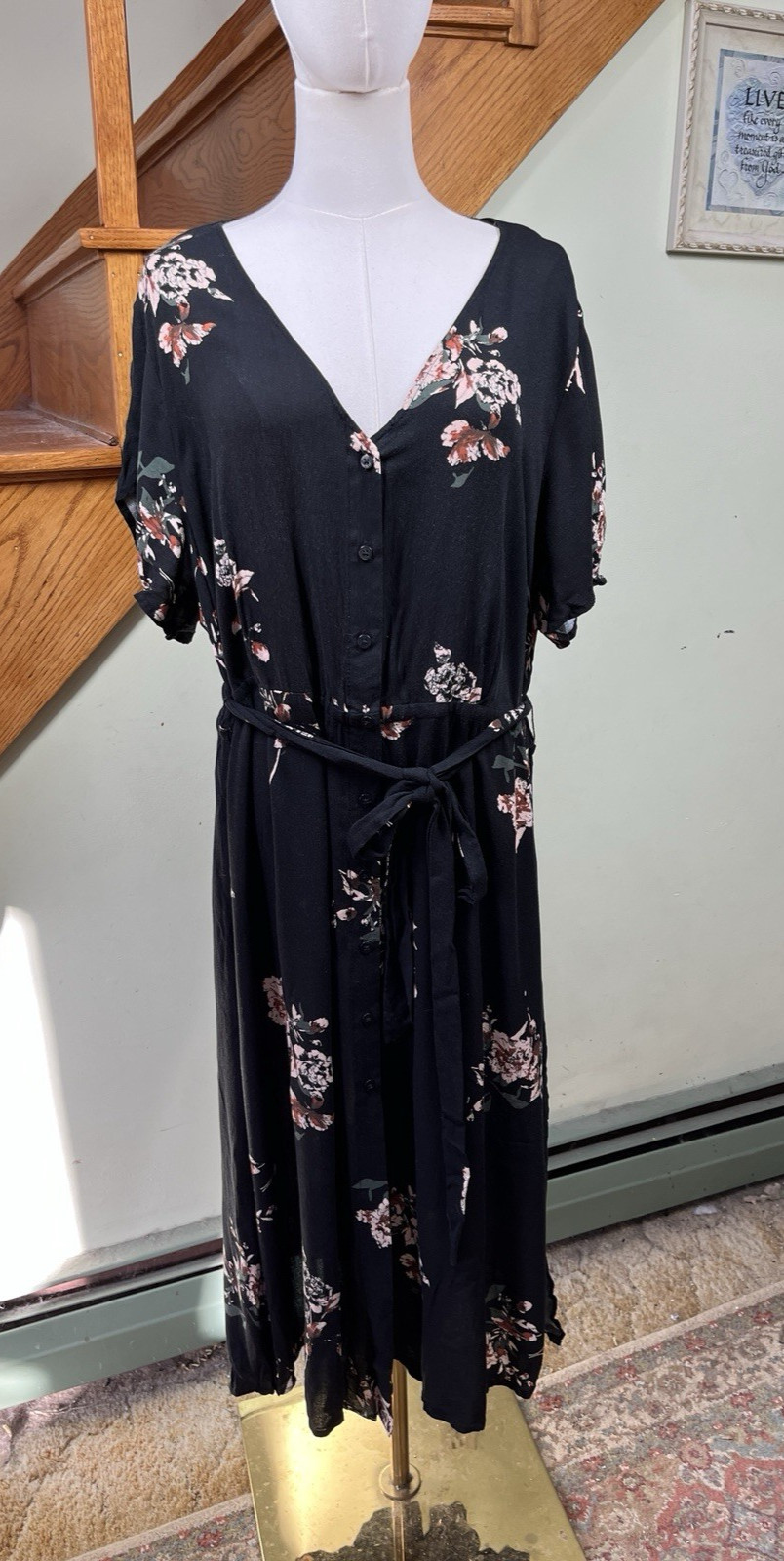 Ellos Womens Sz 22 Keyhole-Back Button Front Shirtdress Black Floral Boho Midi