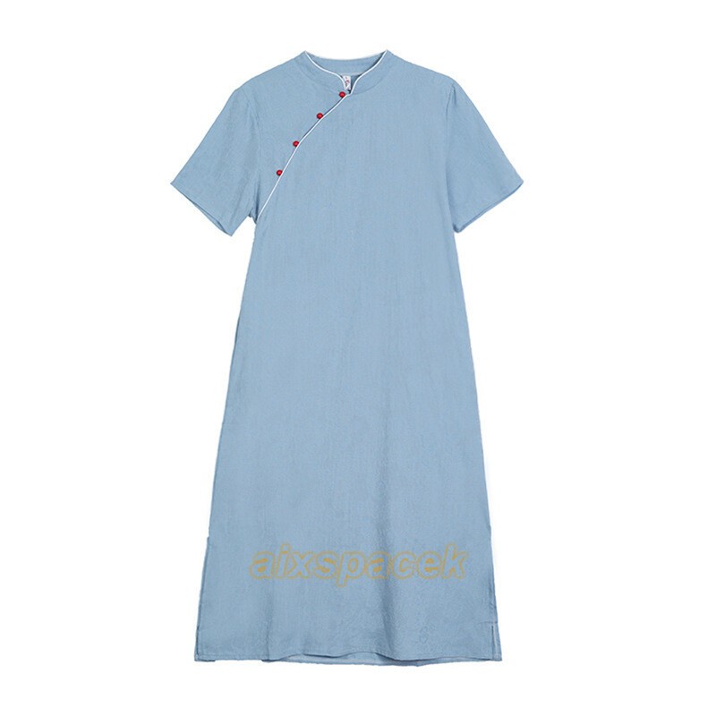 Womens Cotton Linen Stand Collar Short Sleeves Qipao Dress Summer Long Cheongsam
