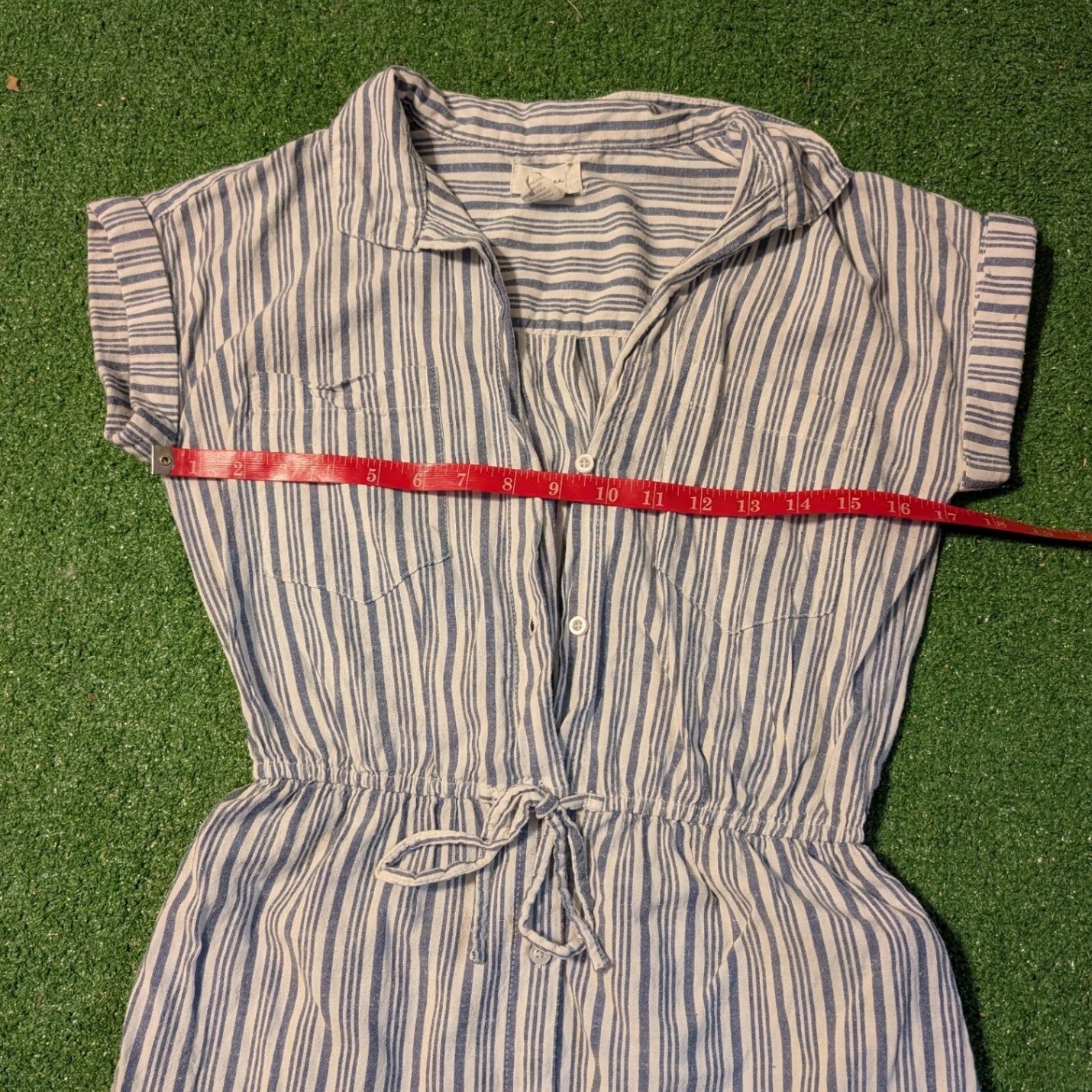 Japna Blue White Striped Button Down Shirt Dress Drawstring Waist Small
