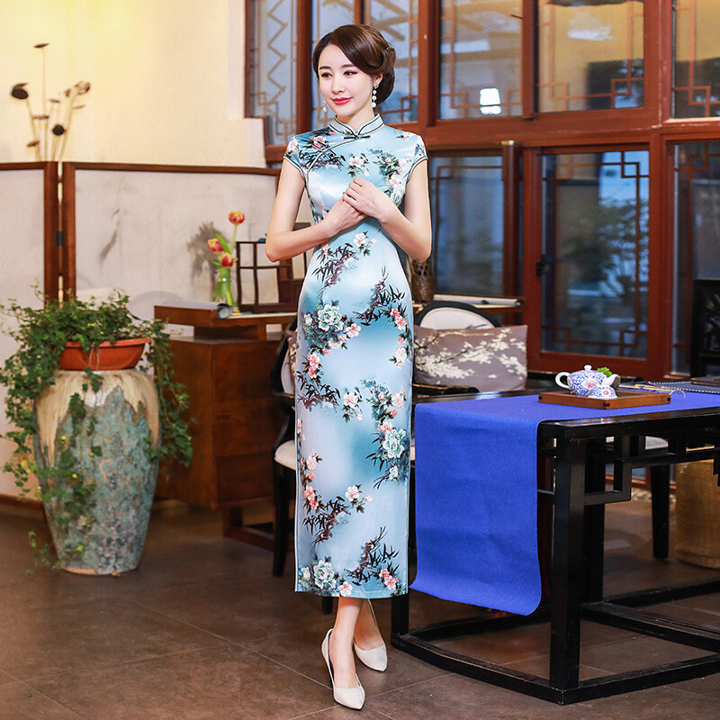 Women Spring Summer Silk Cheongsam Chinese Traditional Qipao Evening Frock Gowns