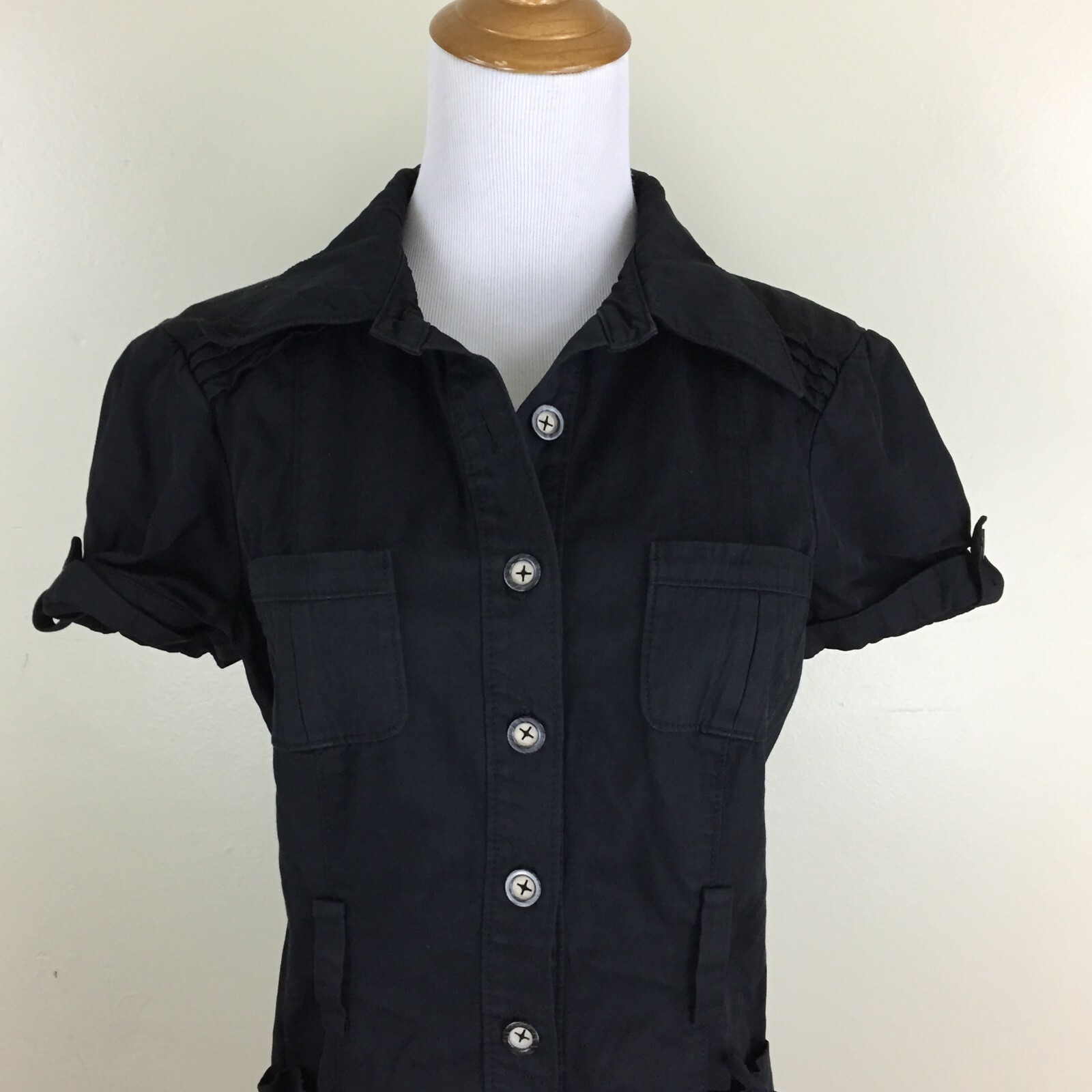 BEBE Black Short Cuffed Sleeve Button Lace Up Pockets Dress Womens sz 4-6
