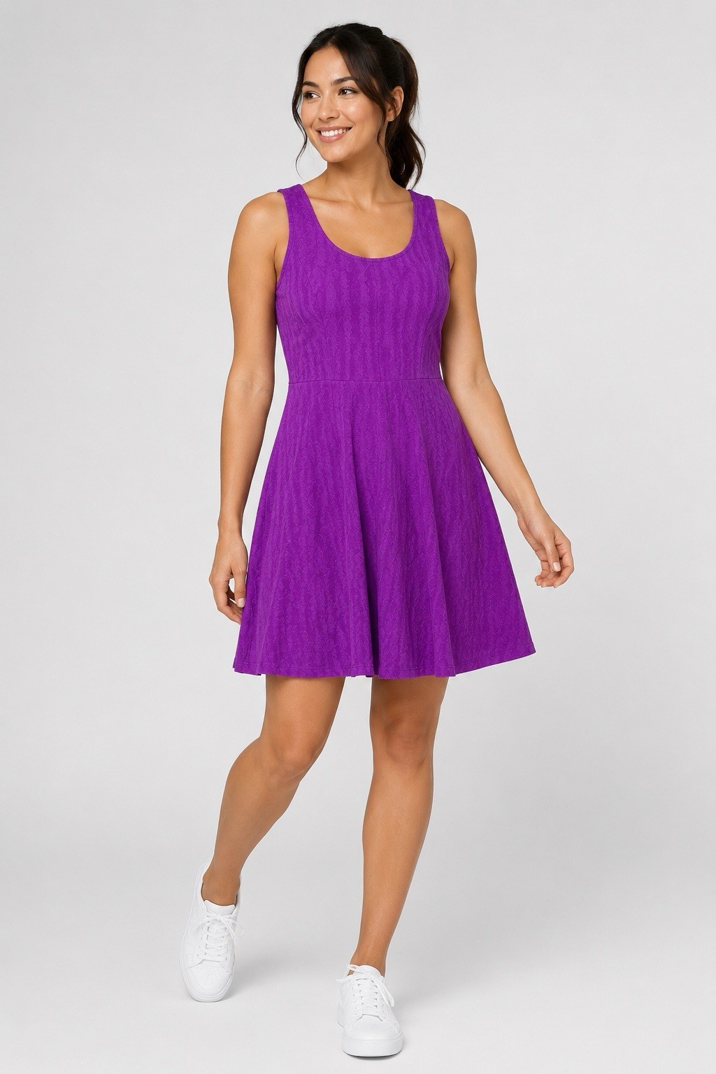 Athleta Textured Fit & Flair Dress Women Large Purple Stretch Athletic Travel