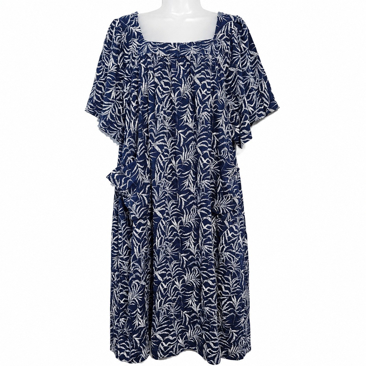 Vermont Country Store Muumuu Dress 1X Blue Tropical Leaf Cotton Lounger Cottage