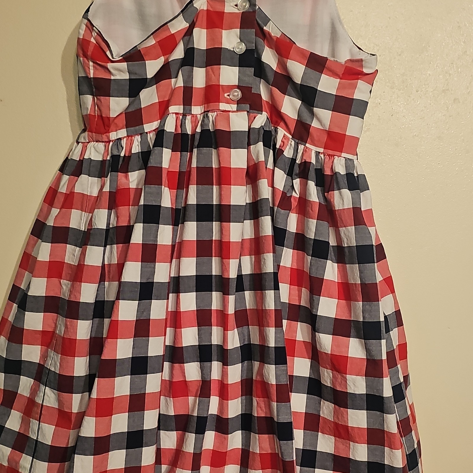 Red White Blue Gingham Square Neck Midi Sundress Button Front Ruffle Lined M