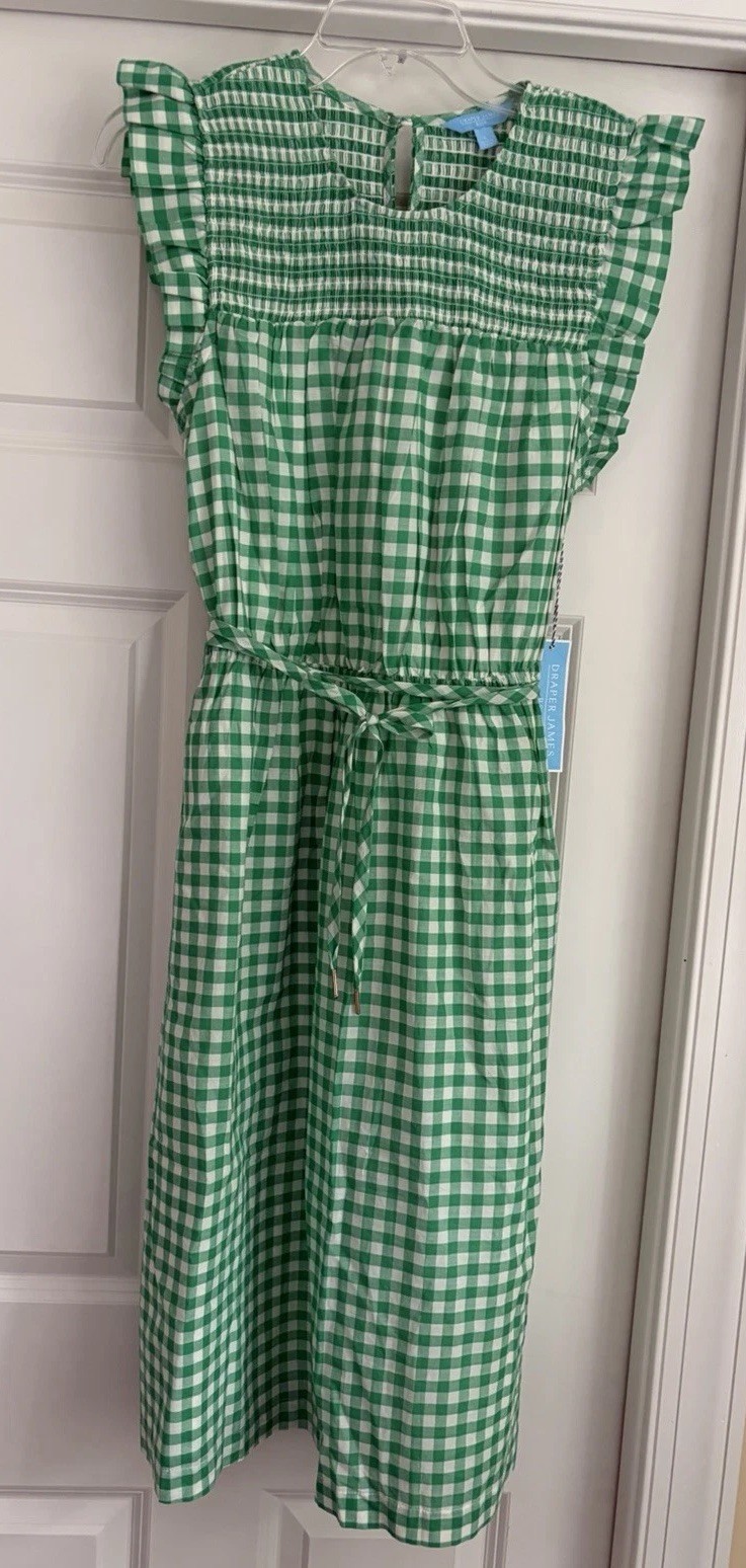 Draper James RSVP Green Gingham Smocked Midi Dress Tie Waist Ruffle L Large NWT