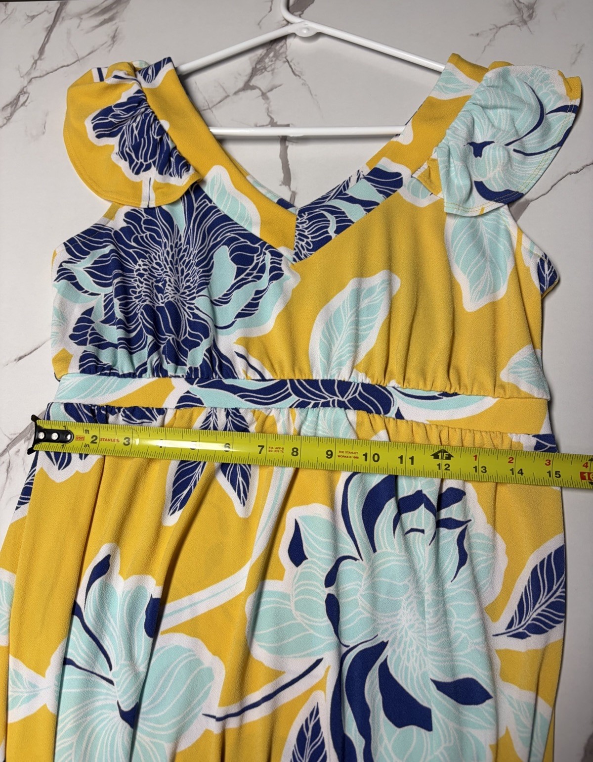 IMAN Global Chic Yellow Blue Floral Maxi Dress Resort Summer Cruise Petite M NWT
