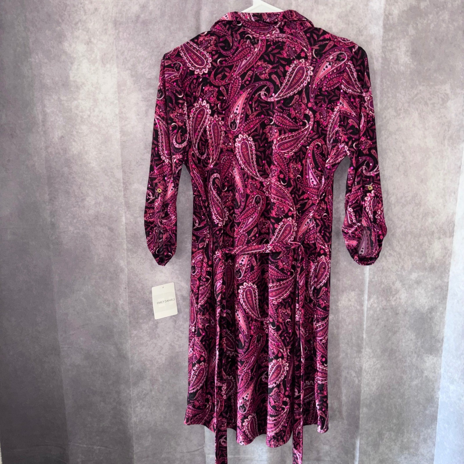 NWT Emily Daniels Petite Small Pink Paisley Sequin Button Front Shirt Dress