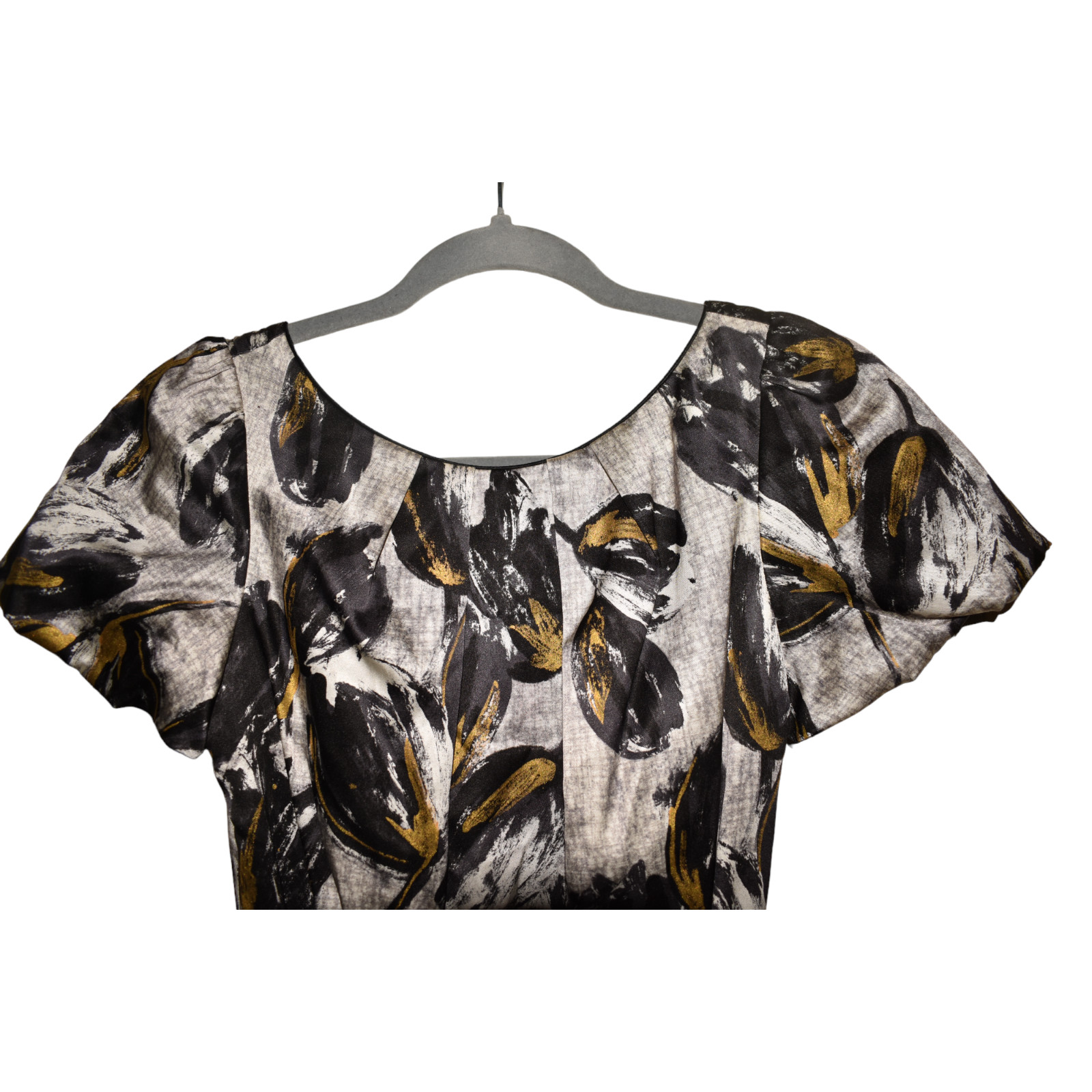 REBECCA TAYLOR $395 Pleated Neck Puff Sleeve Printed Silk Dress Gray Size 2