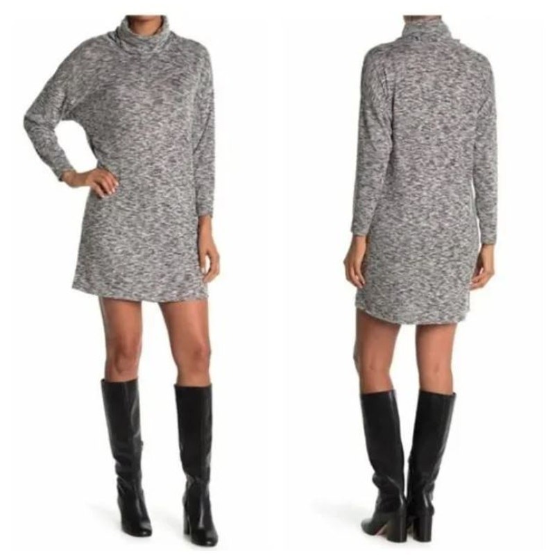 Cotton Emporium Women’s Turtleneck Patch Pocket Sweater Dress In Silver XS $78