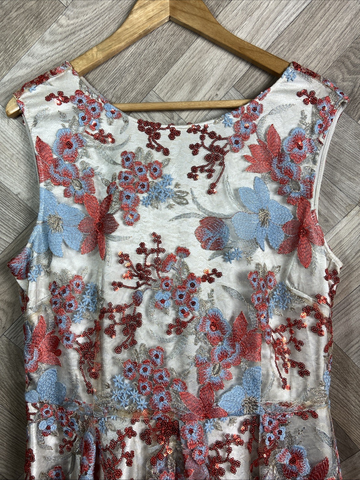Tahari by Arthur S Levine Flared Dress Blue/Red Floral Embroidery/Sequin Size 14