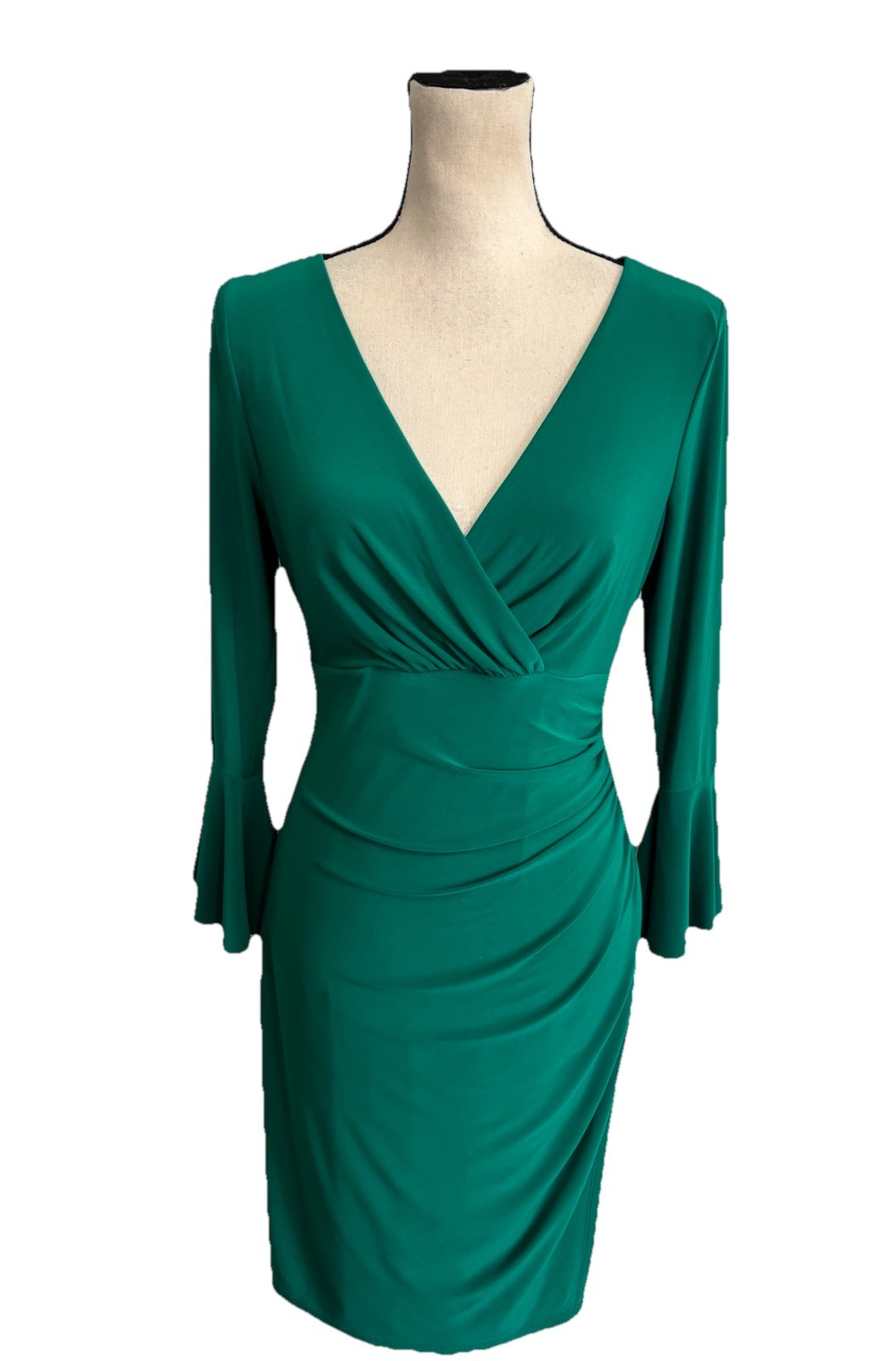Ralph Lauren Dress Green Fitted Ruched Waist Stretchy Classic City Size 10