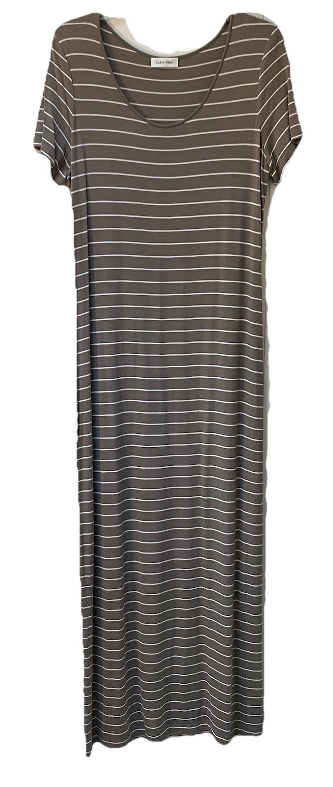 Calvin Klein Women’s Maxi Dress Taupe/White Striped Short Sleeve Scoop Neck